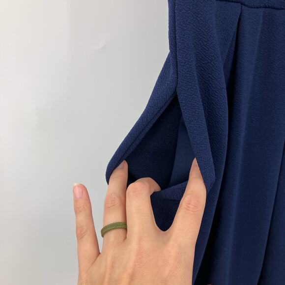 ModCloth Navy Blue V Neck Cap Sleeve Pleated Lined Fit & Flare Cocktail Dress - Picture 8 of 9